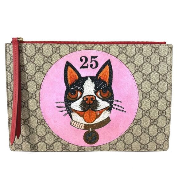 Gucci Clutch Bag Bosco Applique GG Supreme Canvas Beige